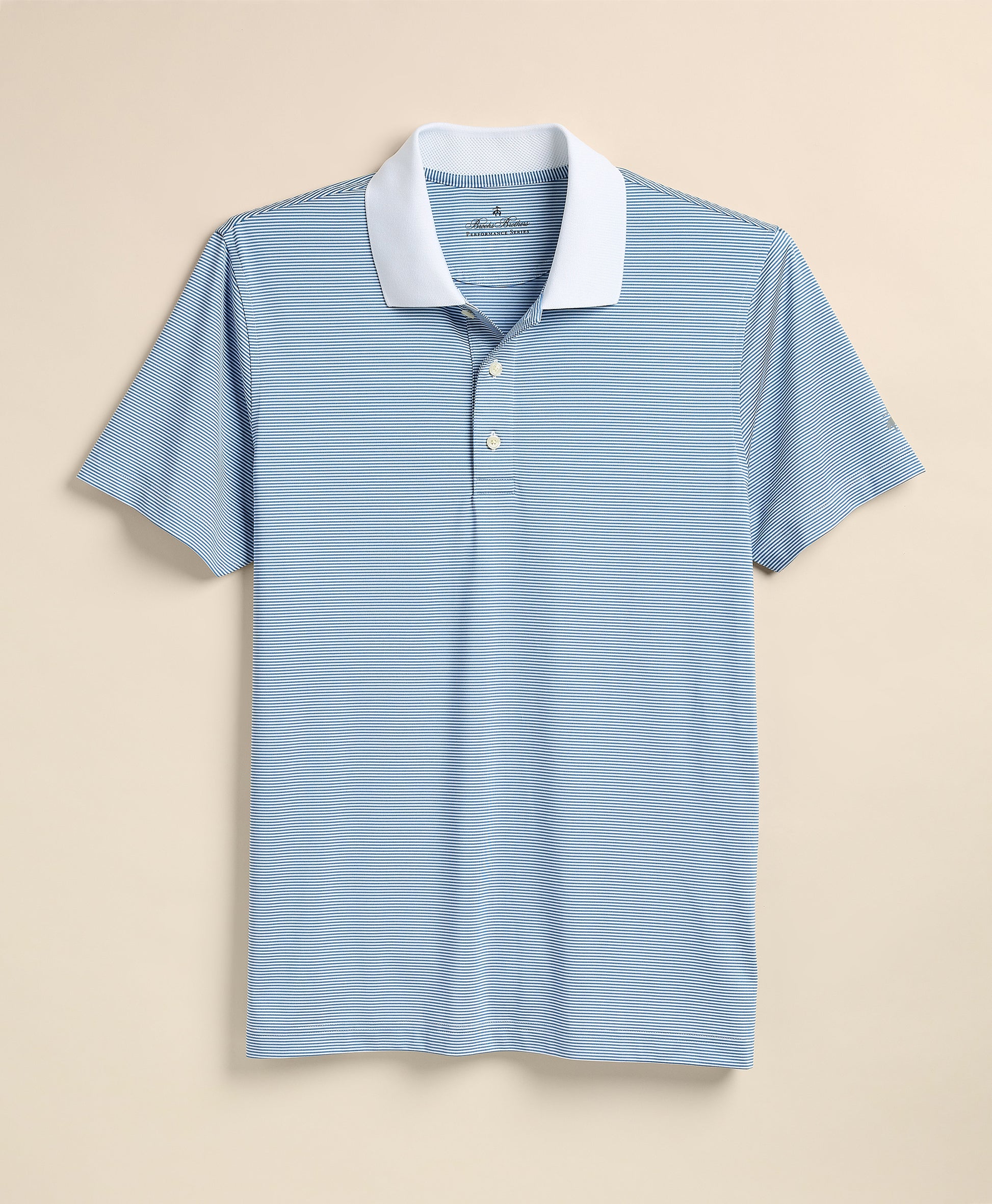 Blue striped polo shirt with white collar