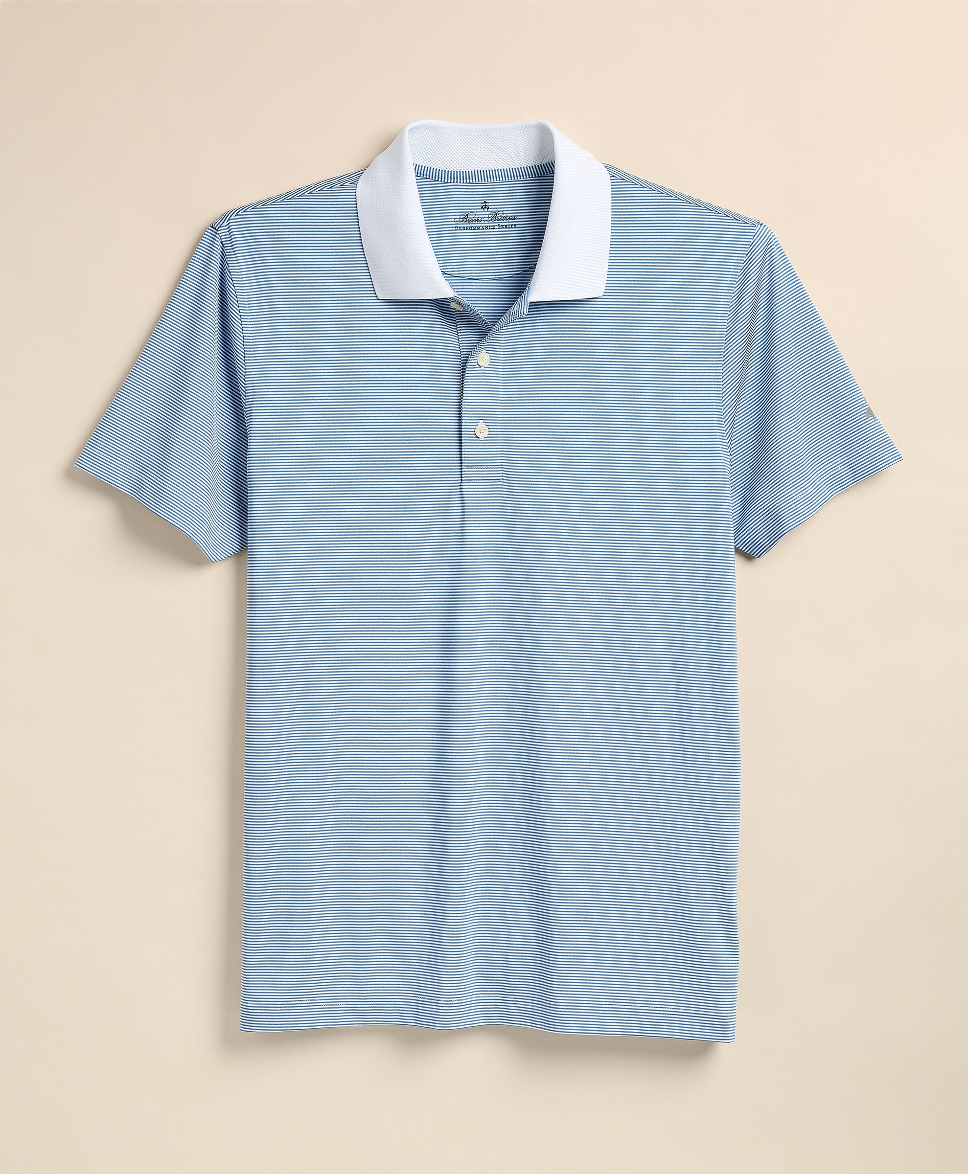 Blue striped polo shirt with white collar