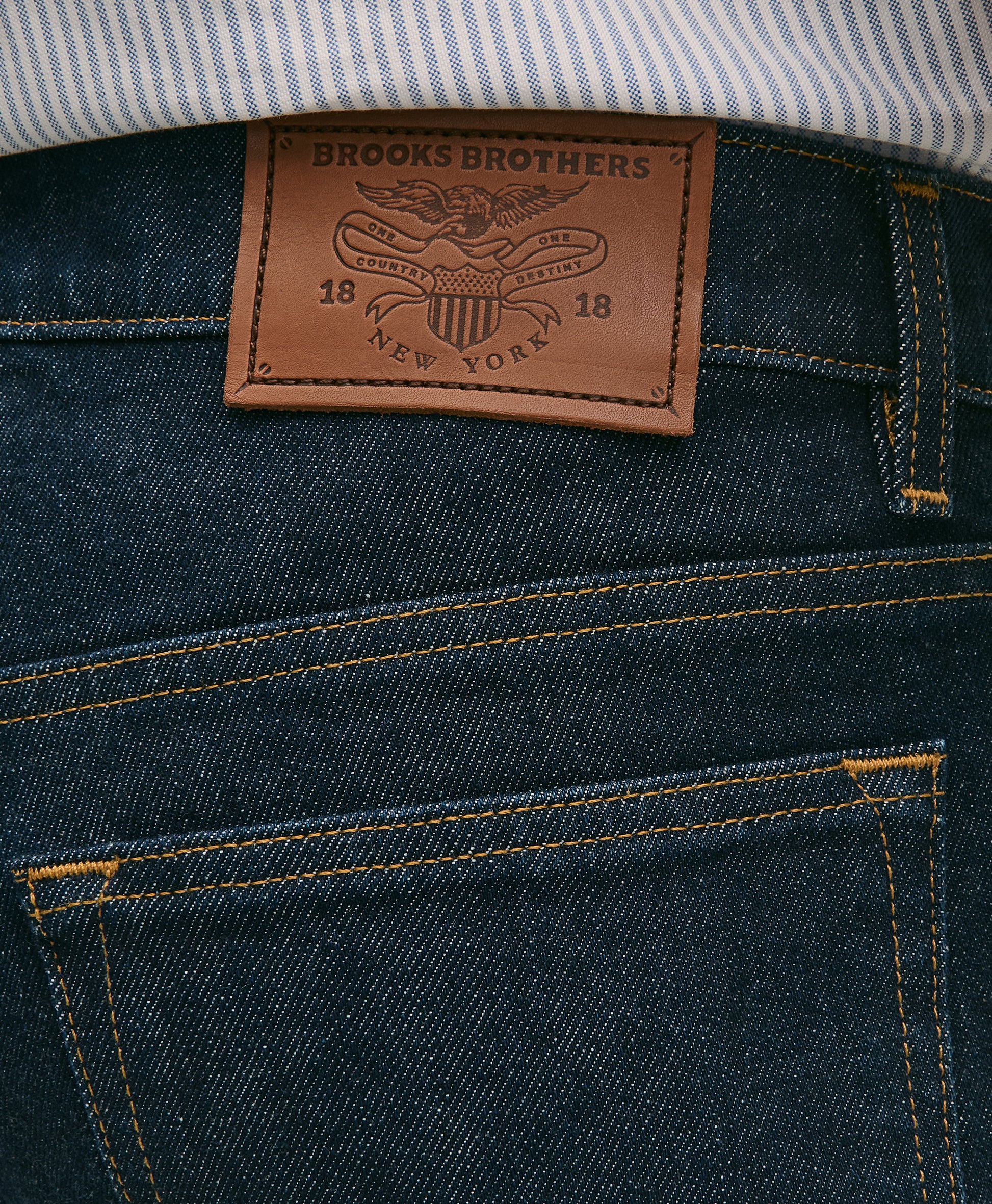 Close-up of a Brooks Brothers label on a pair of jeans.