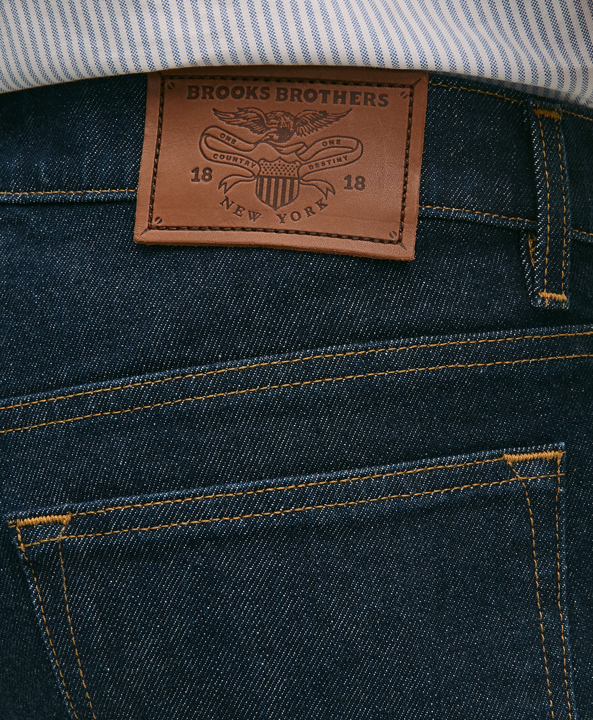 Close-up of a Brooks Brothers label on a pair of jeans.