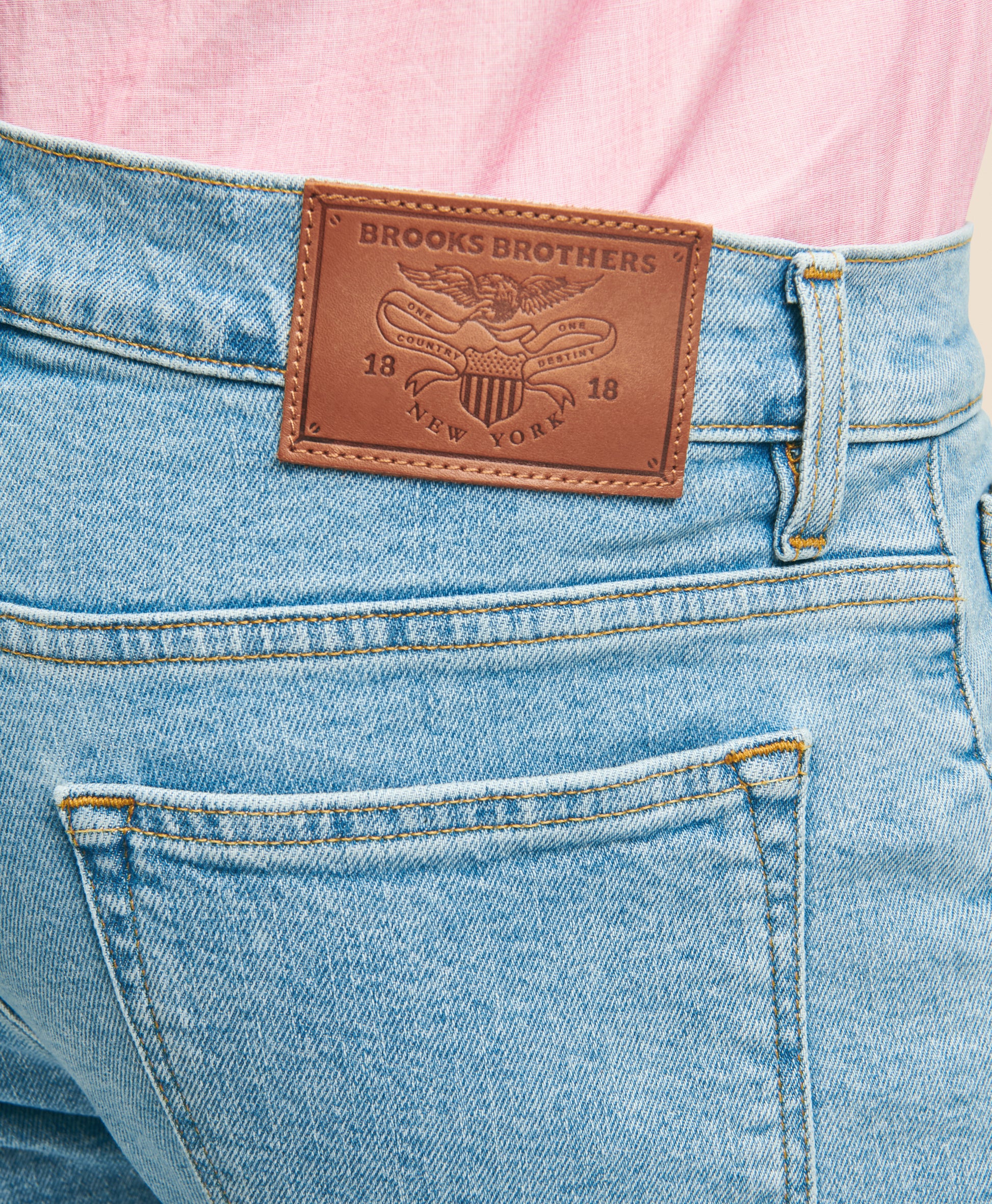 Close-up of blue jeans with a Brooks Brothers label