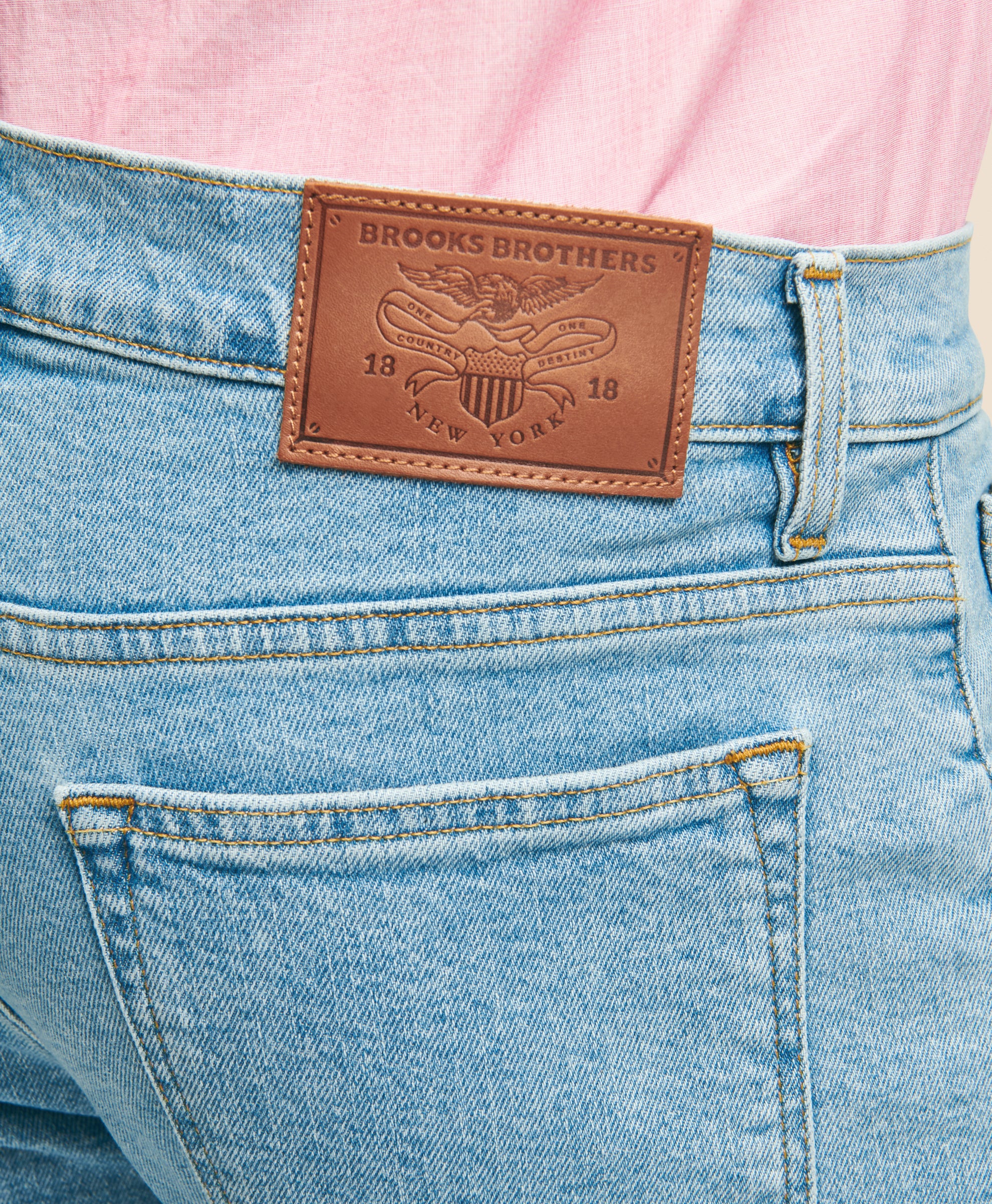 Close-up of blue jeans with a Brooks Brothers label