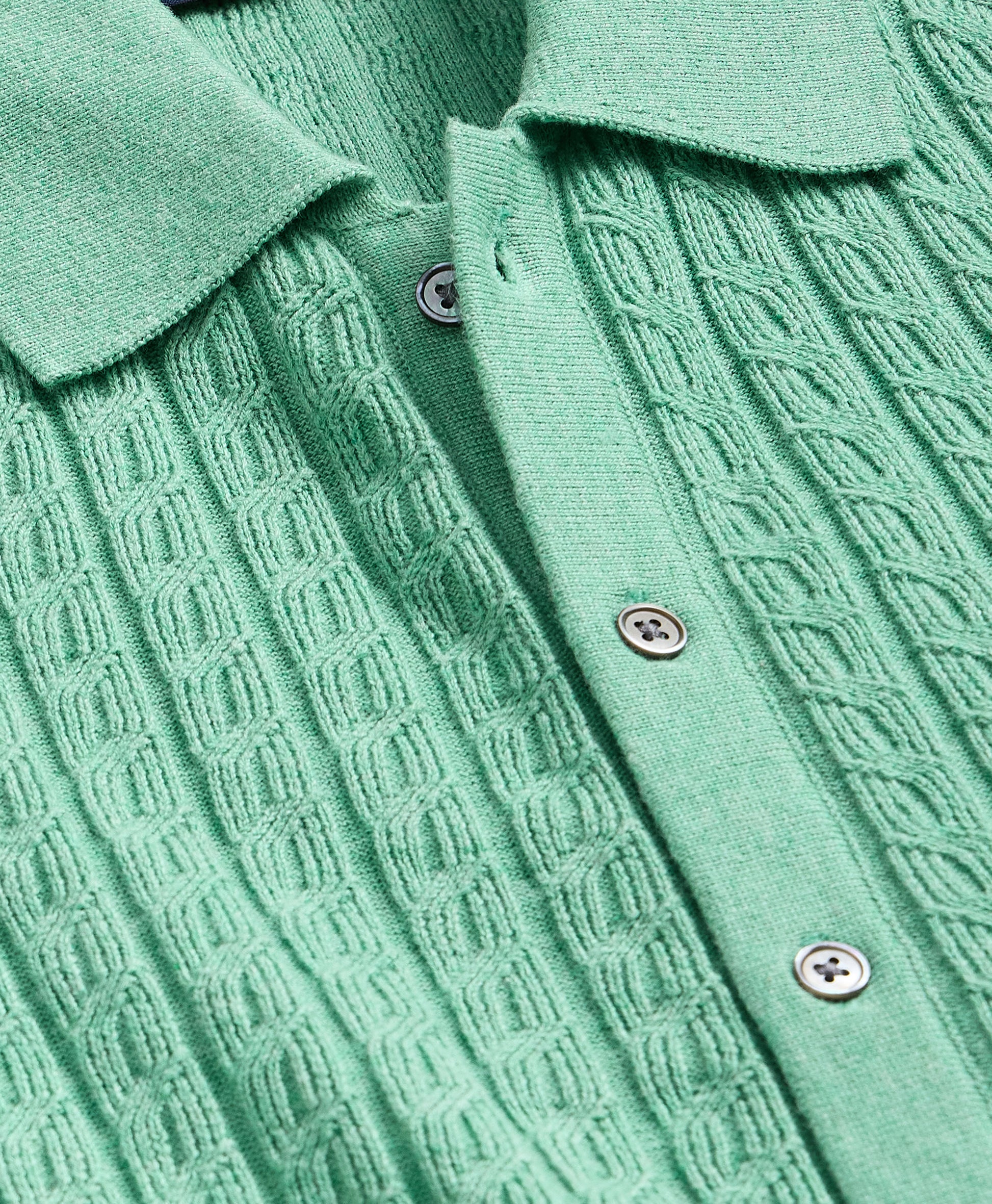 Close-up of a green textured shirt with buttons