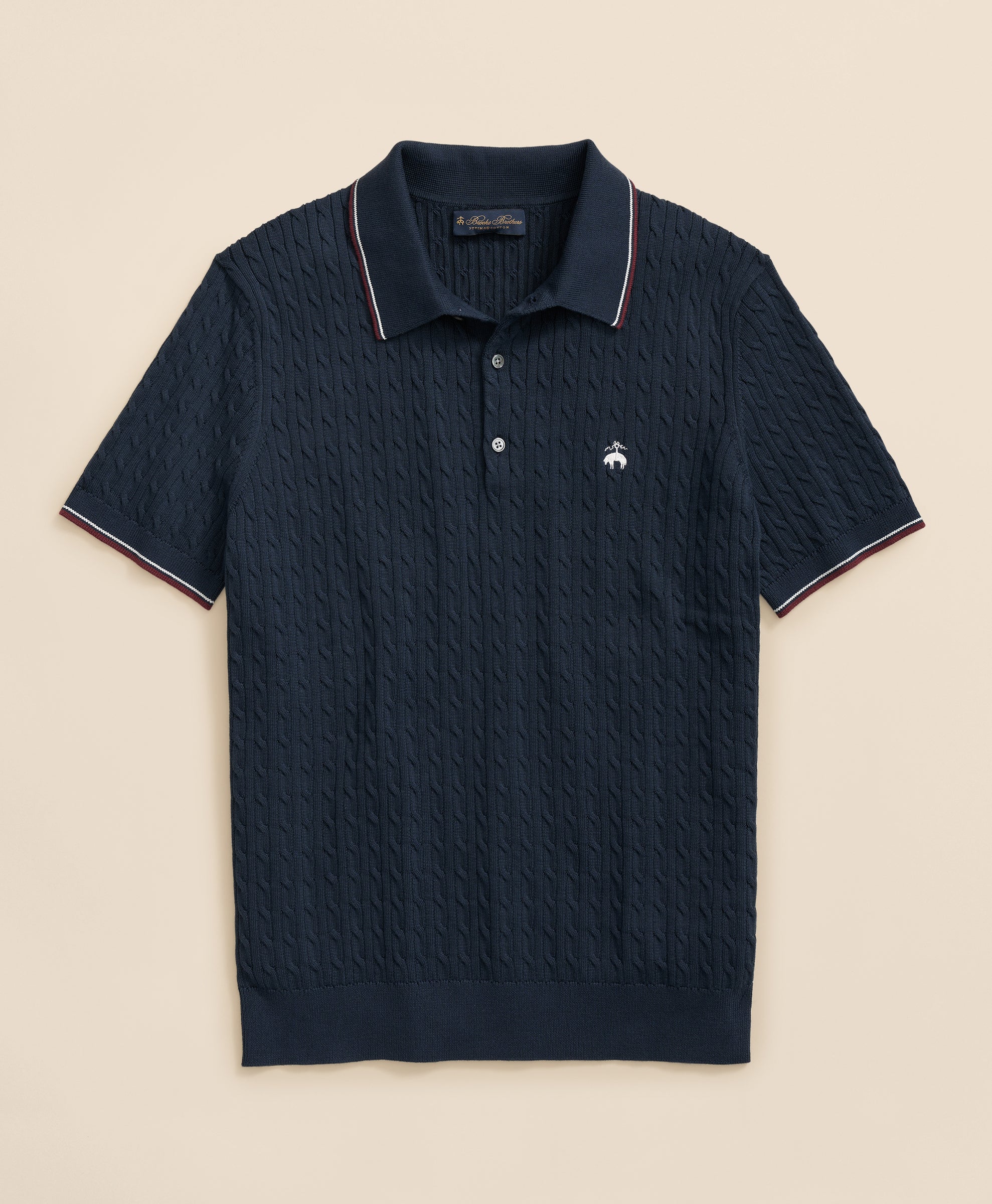 Navy blue textured polo shirt with white trim