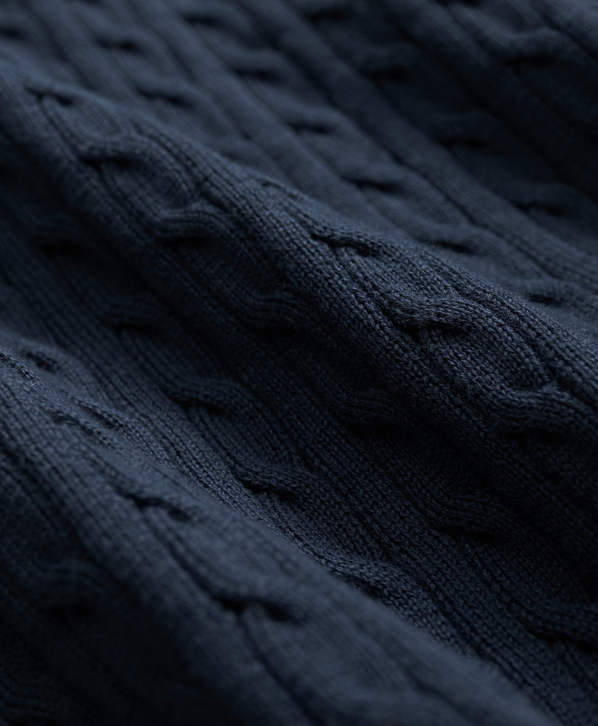 Close-up of dark blue cable knit fabric