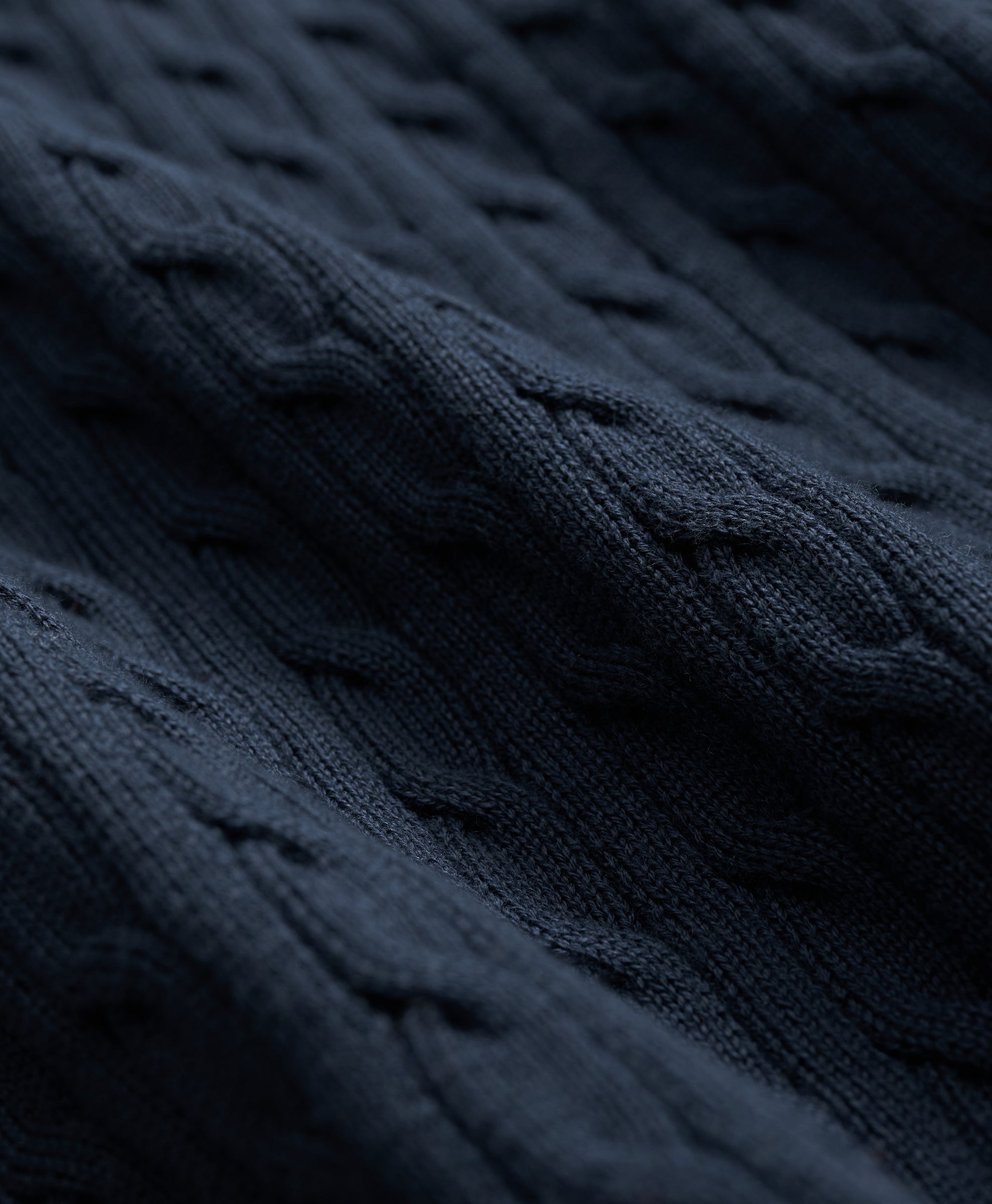 Close-up of dark blue cable knit fabric