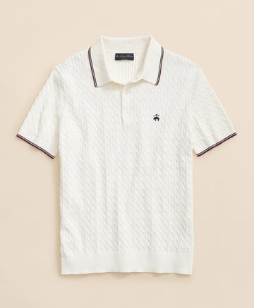 White textured polo shirt with black trim