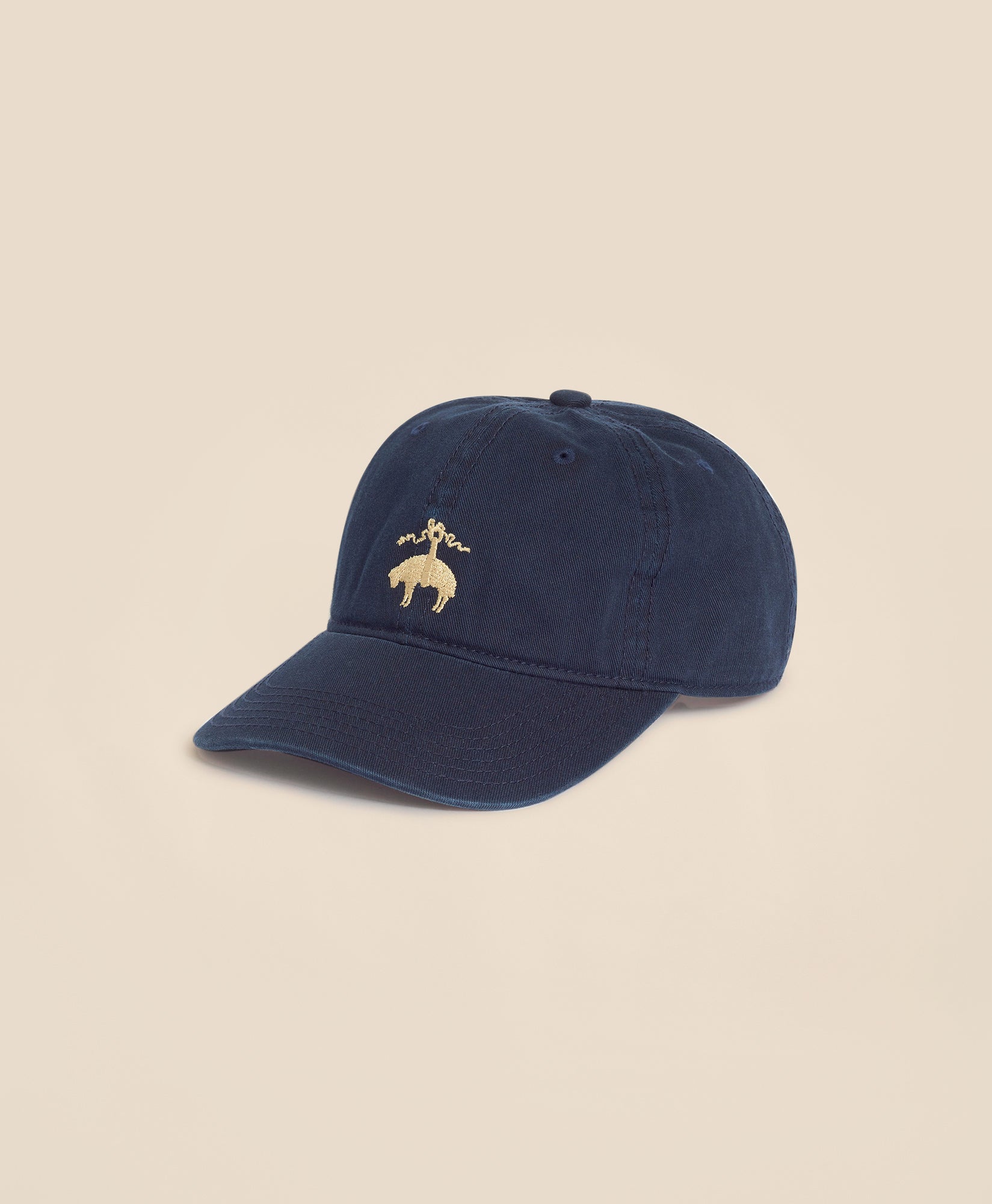 Navy blue cap with a gold embroidered logo
